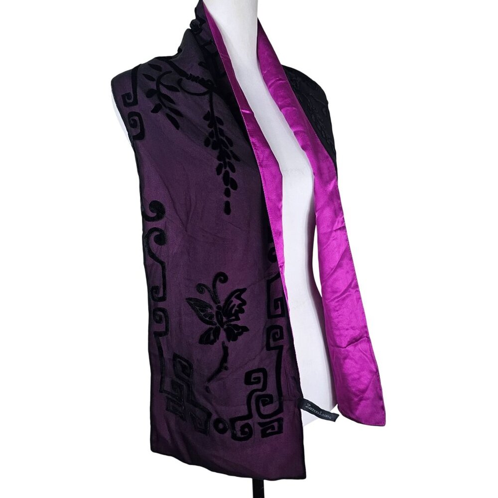 Zazou Luxe Silk Velvet Burnout Scarf OS Purple &‎ Black Butterfly Phoenix Artsy